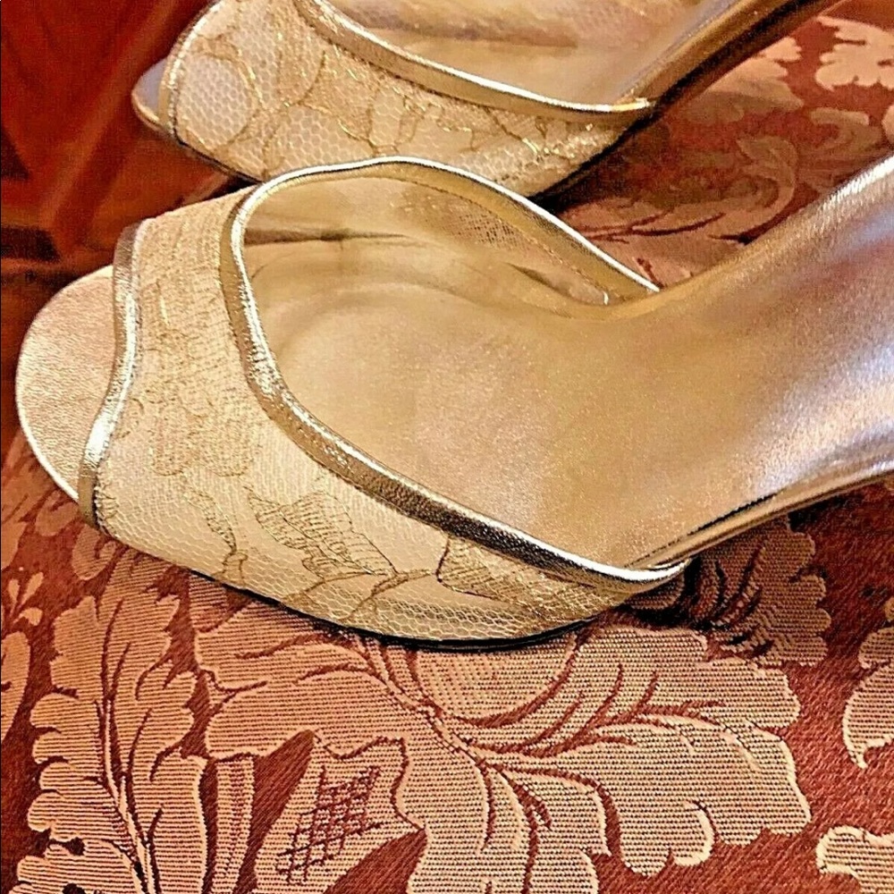 Stuart Weitzman Gold Metallic Open Toe Pumps 10 M - image 2